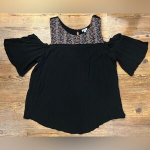 Eyeshadow Black Cold-Shoulder Blouse with Multicolor Embroidered Yoke size XL